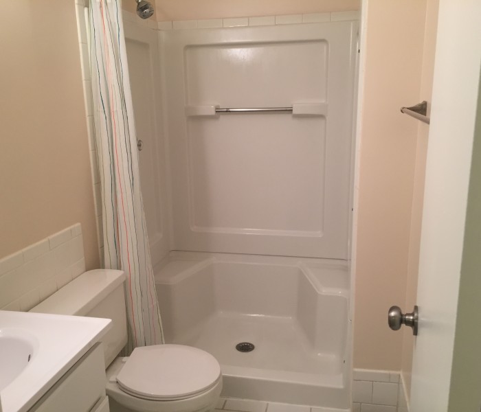 A small bathroom with a toilet, shower, and sink.