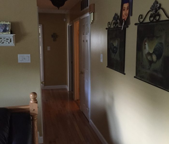 A hallway with a couch and pictures on the wall.