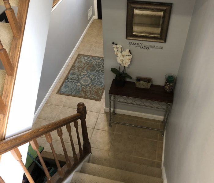 A stairway leading to a room with a rug and a picture.