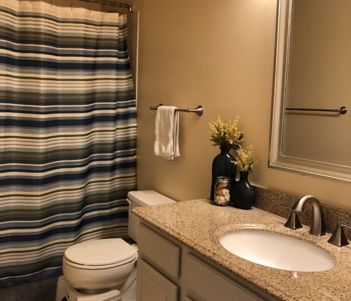 A bathroom with a striped shower curtain.
